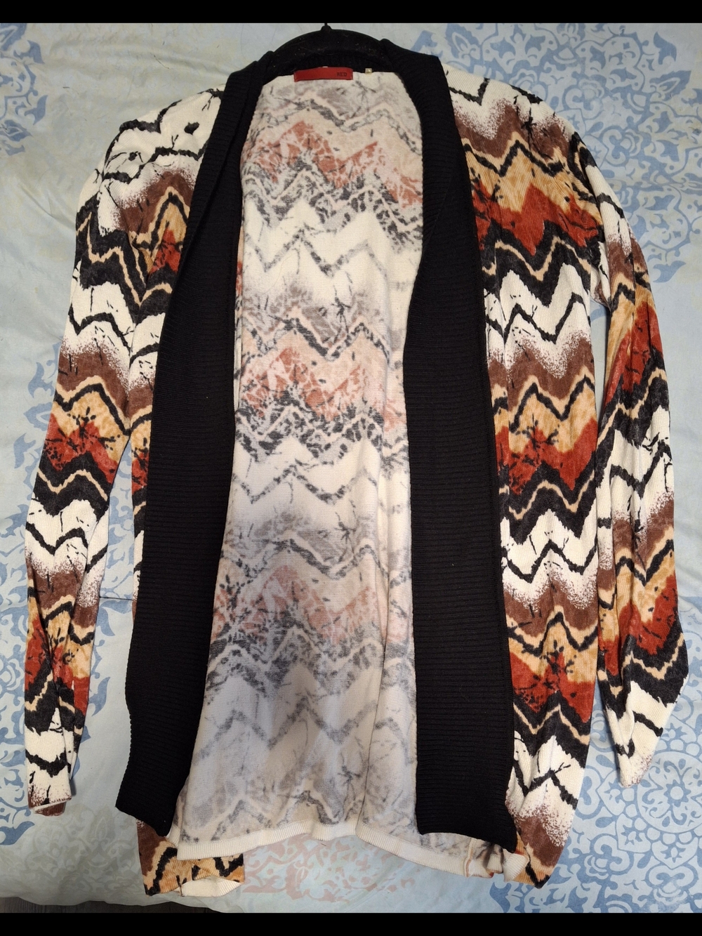 Red Women's Open-Front Chevron Cardigan with Black Trim